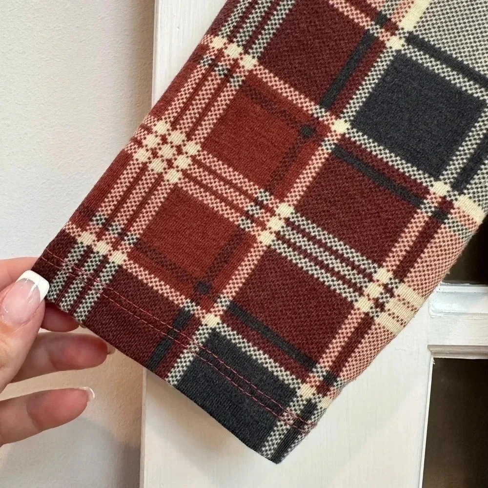 LuLaRoe | Fit & Flare Nicole Blue Cream Burgundy Plaid Dress Size S Small - Picture 5 of 8